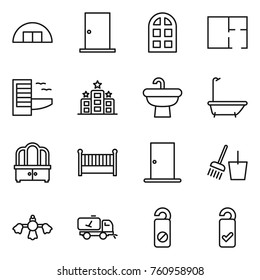 Thin line icon set : hangare, door, arch window, plan, hotel, sink, bath, dresser, crib, bucket and broom, hard reach place cleaning, home call, do not distrub, please clean