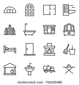 Thin line icon set : hangare, arch window, plan, hotel, bath, wardrobe, dresser, bed, door, fireplace, bucket and broom, utility room, water tap sink, home call cleaning, iron board