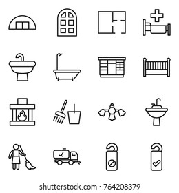 Thin line icon set : hangare, arch window, plan, hospital, sink, bath, wardrobe, crib, fireplace, bucket and broom, hard reach place cleaning, water tap, brooming, home call, do not distrub