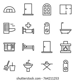 Thin line icon set : hangare, door, arch window, plan, hotel, hospital, do not distrub, bath, wardrobe, bed, fireplace, bucket and broom, water tap sink, iron board