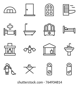 Thin line icon set : hangare, door, arch window, hotel, hospital, bath, dresser, bed, fireplace, hard reach place cleaning, utility room, water tap sink, brooming, iron board, do not distrub