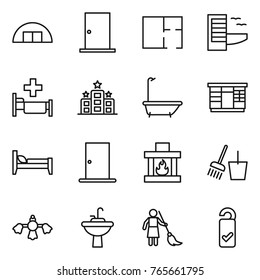Thin line icon set : hangare, door, plan, hotel, hospital, bath, wardrobe, bed, fireplace, bucket and broom, hard reach place cleaning, water tap sink, brooming, please clean