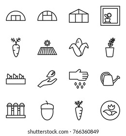 Thin line icon set : hangare, greenhouse, flower in window, carrot, field, corn, seedling, hand leaf, sow, watering can, grain elevator, acorn, ecology