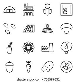 Thin line icon set : hangare, factory, perishable, flower in window, seeds, field, mushroom, seedling, garden, acorn, carrot, potato, ecology