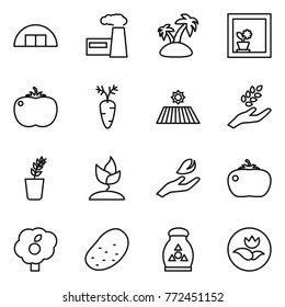 Thin line icon set : hangare, factory, island, flower in window, tomato, carrot, field, harvest, seedling, sprouting, hand leaf, garden, potato, fertilizer, ecology