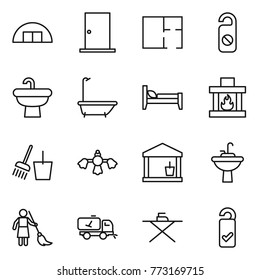 Thin line icon set : hangare, door, plan, do not distrub, sink, bath, bed, fireplace, bucket and broom, hard reach place cleaning, utility room, water tap, brooming, home call, iron board