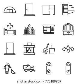 Thin line icon set : hangare, door, plan, hotel, hospital, wardrobe, dresser, fireplace, bucket and broom, hard reach place cleaning, brooming, home call, do not distrub, please clean