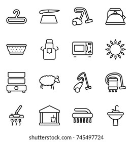 thin line icon set : hanger, cutting board, vacuum cleaner, kettle, colander, apron, microwave oven, gas, double boiler, sheep, utility room, brush, water tap sink