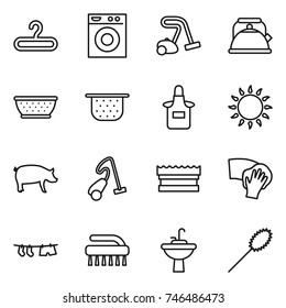 thin line icon set : hanger, washing machine, vacuum cleaner, kettle, colander, apron, gas oven, pig, sponge, wiping, drying clothe, brush, water tap sink, duster