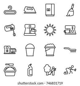 thin line icon set : hanger, iron, fridge, broom, mixer, coffee maker, gas oven, food processor, bucket, foam, brush, washing powder, toilet cleanser, garden cleaning, vacuum cleaner
