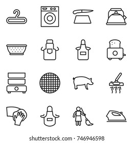 thin line icon set : hanger, washing machine, cutting board, kettle, colander, apron, toaster, double boiler, sieve, pig, vacuum cleaner, wiping, brooming, iron