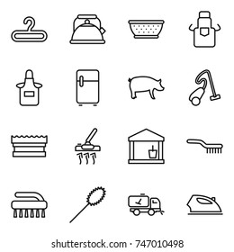 thin line icon set : hanger, kettle, colander, apron, fridge, pig, vacuum cleaner, sponge, utility room, brush, duster, home call cleaning, iron