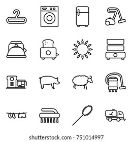 thin line icon set : hanger, washing machine, fridge, vacuum cleaner, kettle, toaster, gas oven, double boiler, food processor, pig, sheep, drying clothe, brush, duster, home call cleaning