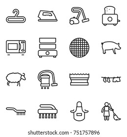 thin line icon set : hanger, iron, vacuum cleaner, toaster, microwave oven, double boiler, sieve, pig, sheep, sponge, drying clothe, brush, apron, brooming