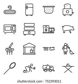 thin line icon set : hanger, fridge, colander, toaster, microwave oven, double boiler, food processor, pig, vacuum cleaner, utility room, drying clothe, brooming, duster, home call cleaning