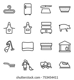 thin line icon set : hanger, fridge, cutting board, colander, apron, double boiler, pig, vacuum cleaner, sponge, utility room, brush, brooming, home call cleaning, iron