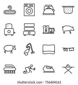 Thin line icon set : hanger, washing machine, kettle, colander, toaster, double boiler, food processor, pig, sheep, vacuum cleaner, sponge, drying clothe, brush, iron, board