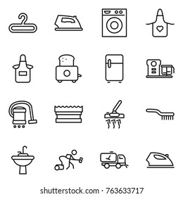 Thin line icon set : hanger, iron, washing machine, apron, toaster, fridge, food processor, vacuum cleaner, sponge, brush, water tap sink, home call cleaning