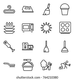 Thin line icon set : hanger, iron, broom, bucket, plate washing, microwave oven, gas, hob, blender, food processor, plunger, brush, powder, garden cleaning, vacuum cleaner