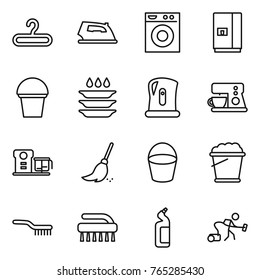 Thin line icon set : hanger, iron, washing machine, fridge, bucket, plate, kettle, coffee maker, food processor, broom, foam, brush, toilet cleanser, vacuum cleaner