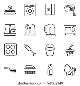 Thin line icon set : hanger, washing machine, fridge, mixer, coffee maker, kettle, microwave oven, hob, blender, bucket, vacuum cleaner, brush, toilet cleanser, garden cleaning