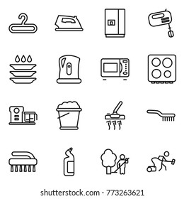 Thin line icon set : hanger, iron, fridge, mixer, plate washing, kettle, microwave oven, hob, food processor, foam bucket, vacuum cleaner, brush, toilet cleanser, garden cleaning