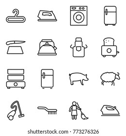 Thin line icon set : hanger, iron, washing machine, fridge, cutting board, kettle, apron, toaster, double boiler, pig, sheep, vacuum cleaner, brush, brooming