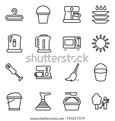 thin line icon set : hanger, bucket, coffee maker, plate washing, kettle, microwave oven, gas, blender, broom, foam, plunger, powder, garden cleaning
