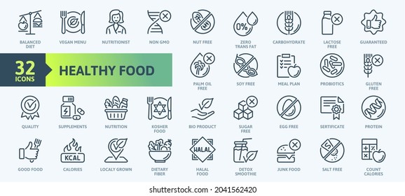 Thin Line Icon Set of Healthy Food, Halal, Kosher, Vegan food. Contains such Icons as Lactose, Gluten and  Sugar Free, non GMO, Palm oil and more. Outline icons collection. 