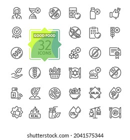 Thin Line Icon Set Of Healthy Food, Halal, Kosher, Vegan Food. Contains Such Icons As Lactose, Gluten, Sugar, Non GMO, Palm Oil Free And More. Outline Icons Collection. 