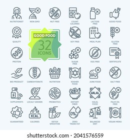 Thin Line Icon Set of Healthy Food, Halal, Kosher, Vegan food. Contains such Icons as Lactose, Gluten, Sugar, non GMO, Palm oil free and more. Outline icons collection. 