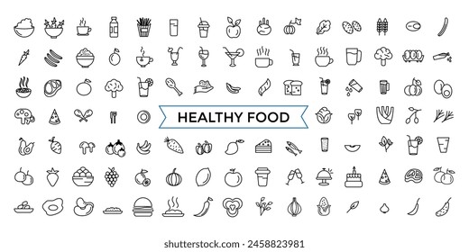 Thin Line Icon Set of Healthy Food, Halal, Kosher, Vegan food. Contains such Icons as Lactose, Gluten and Sugar Free, non GMO, NON Palm oil. Outline icons pack. 