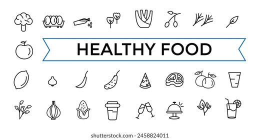 Thin Line Icon Set of Healthy Food, Halal, Kosher, Vegan food. Contains such Icons as Lactose, Gluten and Sugar Free, non GMO, NON Palm oil. Outline icons pack. 