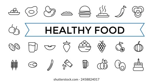 Thin Line Icon Set of Healthy Food, Halal, Kosher, Vegan food. Contains such Icons as Lactose, Gluten and Sugar Free, non GMO, NON Palm oil. Outline icons pack. 