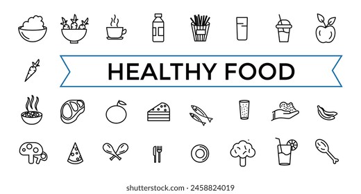 Thin Line Icon Set of Healthy Food, Halal, Kosher, Vegan food. Contains such Icons as Lactose, Gluten and Sugar Free, non GMO, NON Palm oil. Outline icons pack. 