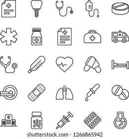 Thin Line Icon Set - heart pulse vector, doctor case, diagnosis, stethoscope, syringe, dropper, thermometer, pills, bottle, blister, patch, tomography, ambulance star, car, hospital bed, lungs