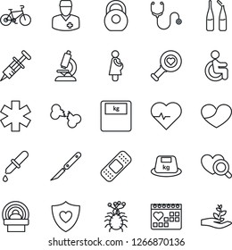 Thin Line Icon Set - heart pulse vector, stethoscope, syringe, dropper, diagnostic, microscope, scales, ampoule, scalpel, patch, tomography, ambulance star, bike, shield, disabled, broken bone