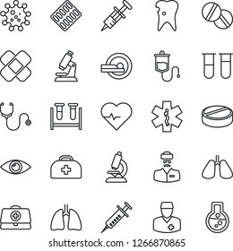 Thin Line Icon Set - heart pulse vector, doctor case, stethoscope, syringe, blood test vial, dropper, microscope, pills, blister, patch, tomography, ambulance star, lungs, caries, eye, virus, flask