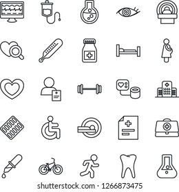 Thin Line Icon Set - heart vector, monitor pulse, doctor case, diagnosis, blood pressure, dropper, thermometer, diagnostic, pills bottle, blister, tomography, barbell, bike, run, hospital bed, tooth