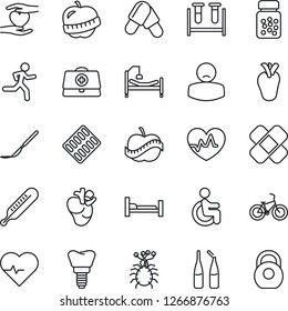 Thin Line Icon Set - heart pulse vector, doctor case, blood test vial, thermometer, pills, bottle, blister, ampoule, scalpel, patch, bike, run, hospital bed, disabled, hand, real, implant, diet