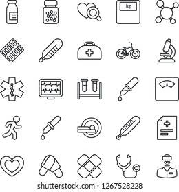 Thin Line Icon Set - heart vector, monitor pulse, doctor case, diagnosis, molecule, stethoscope, blood test vial, dropper, thermometer, diagnostic, microscope, scales, pills, bottle, blister, patch