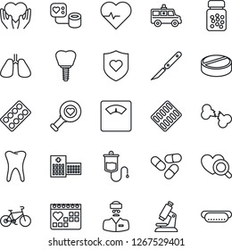 Thin Line Icon Set - heart pulse vector, blood pressure, dropper, diagnostic, microscope, scales, pills, bottle, blister, scalpel, ambulance car, bike, shield, hand, lungs, tooth, implant, hospital