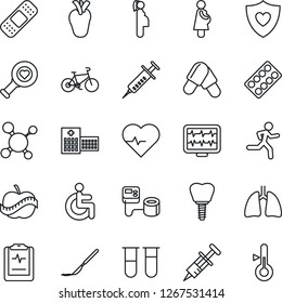 Thin Line Icon Set - heart pulse vector, monitor, molecule, syringe, blood pressure, test vial, diagnostic, pills, blister, scalpel, patch, bike, run, shield, disabled, lungs, real, implant, diet