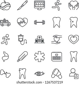 Thin Line Icon Set - heart vector, pulse, monitor, dropper, thermometer, pills, scalpel, ambulance star, car, barbell, run, hand, stomach, tooth, caries, eye, broken bone, medical calendar, diet