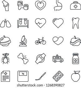 Thin Line Icon Set - heart vector, pulse, doctor case, diagnosis, blood pressure, test vial, microscope, scales, pills bottle, blister, scalpel, ambulance car, bike, stomach, lungs, caries, joint
