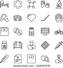 Thin Line Icon Set - heart vector, monitor pulse, diagnosis, molecule, syringe, blood pressure, test vial, thermometer, diagnostic, microscope, scales, pills, bottle, blister, scalpel, tomography