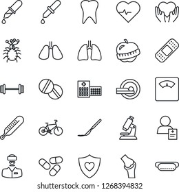 Thin Line Icon Set - heart pulse vector, dropper, thermometer, microscope, scales, pills, scalpel, patch, tomography, barbell, bike, shield, hand, lungs, tooth, joint, diet, hospital, doctor, virus