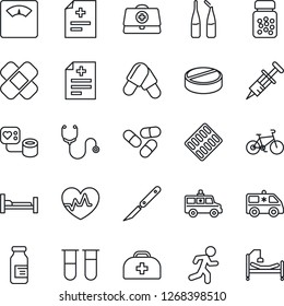 Thin Line Icon Set - heart pulse vector, doctor case, diagnosis, stethoscope, syringe, blood pressure, test vial, scales, pills, bottle, blister, ampoule, scalpel, patch, ambulance car, bike, run