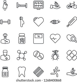 Thin Line Icon Set - heart vector, pulse, monitor, molecule, thermometer, diagnostic, scales, pills, bottle, blister, patch, barbell, bike, run, hospital bed, tooth, eye, doctor, pregnancy, virus