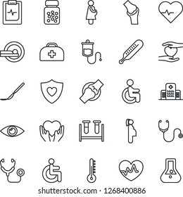 Thin Line Icon Set - heart pulse vector, doctor case, stethoscope, blood test vial, dropper, thermometer, pills bottle, scalpel, tomography, shield, disabled, hand, eye, joint, clipboard, hospital